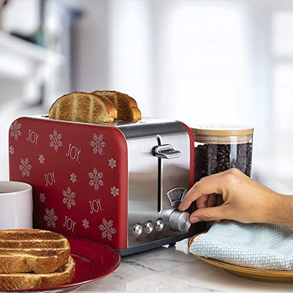 Rae Dunn Toaster, Stainless Steel 2 Slice Square Toaster, Wide Slot with 5 Browning Levels, with Bagel, Defrost and Cancel Options (Red Holiday Print) - color: Red Holiday Print
