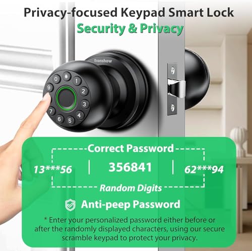 Smart Door Knob Fingerprint Lock 4-in-1 Keyless Entry (Fingerprint/App/Code/Key) Biometric Door with Auto-Lock Easy Install for Home/Bedroom/Office-Black - color: Black