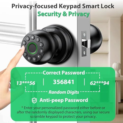 Smart Door Knob Fingerprint Lock 4-in-1 Keyless Entry (Fingerprint/App/Code/Key) Biometric Door with Auto-Lock Easy Install for Home/Bedroom/Office-Black - color: Black
