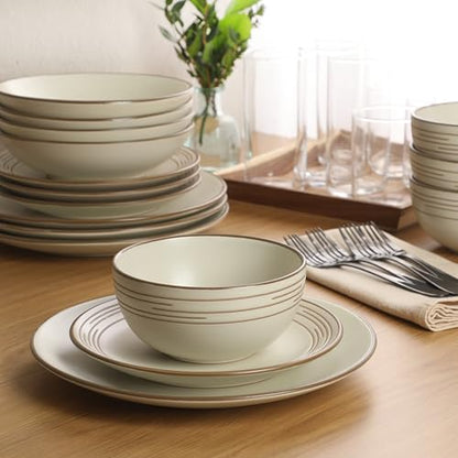 Gibson Home Chiswick House 16-Piece Stoneware Dinnerware Set, Round Plates and Bowls Set for 4, White with Wax Relief Embossed Rim Detail, Dishwasher Safe – Dinner Plate, Salad Plate & Cereal Bowl - color: White w/ Wax Relief Embossed Rim (Chiswick House)