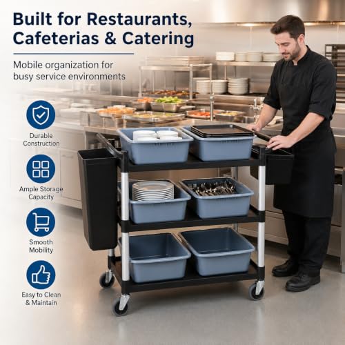 Storage Cart 3 Tier Heavy Duty Commercial Grade Utility Cart,Dish Cart for Restaurant,Multi-Function Mobile Shelving Unit Organizer for Hotel,Restaurant,Kitchen,Laundry Room with 6 Basin 2 Barrels - size: 40X20X38IN