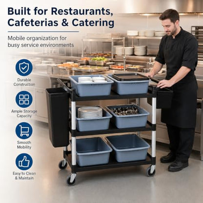 Storage Cart 3 Tier Heavy Duty Commercial Grade Utility Cart,Dish Cart for Restaurant,Multi-Function Mobile Shelving Unit Organizer for Hotel,Restaurant,Kitchen,Laundry Room with 6 Basin 2 Barrels - size: 40X20X38IN