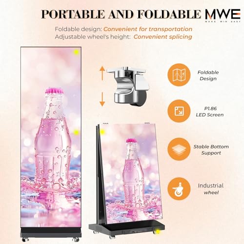 MWE P1.86 LED Poster Screen with Flight Case, 80" LED Digital Signage Display with Publishing System, Foldable Advertising Display Kiosk Video Wall for Events, WiFi/USB/HDMI (2 Panels) - size: 80"-2 Panels
