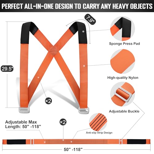 Anti-Slip Moving Straps, 2-Person Shoulder Lifting and Moving System Lifting Straps for Moving Furniture, Appliances, Mattresses, Heavy Objects up to 800lbs - style: Orange