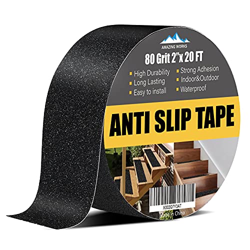 Grip Tape - Heavy Duty Non Skid Tape High Traction 80 Grit Non Slip for Stairs Outdoor/Indoor, Waterproof Stairs Non Skid Treads, Durable Triple Layer Adhesive 2 Inch x 20 Ft - Black - size: 2 Inch x 20 Feet