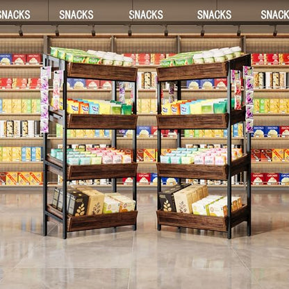 Tribesigns 4-Tier Retail Display Rack Stand, Wooden Snack Candy Rack, Storage Shelf Organizer with Heavy-Duty Metal Frame, Easy Assembly (2, Brown) - color: Brown