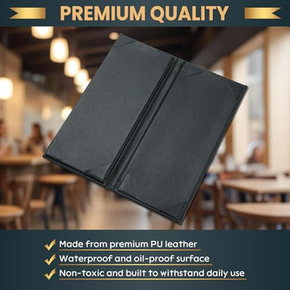 12 Pack 4 View Menu Holder Menu Covers 4.25" x 11" | Black Leather Menu Sleeves Book Style for Restaurant Coffee Bars Wine List - size: 4 View