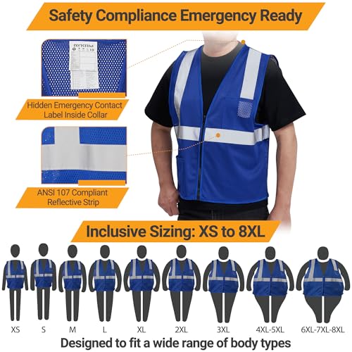 AYKRM 2 Pocket Mesh High Visibility Reflective Safety Vest for men & Women ANSI/ISEA 107 Standards - color: Blue, size: Small