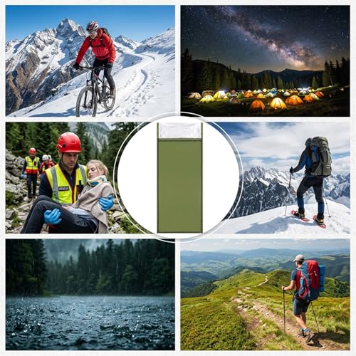 4 Pack Emergency Blanket Bivvy Bag - Waterproof Mylar Survival Sleeping Bag for Camping Hiking, Lightweight Thermal Bivy Sack, 74" x 33" x 12" Green Polyester Emergency Gear