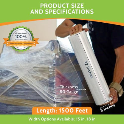PSBM Blown Stretch Wrap, 192 Rolls 12 Inch x 1500 Feet 80 Gauge Heavy Duty Clear Plastic Wrap Industrial Strength Shrink Film for Moving, Packing & Shipping - size: 192 Pack, style: 80 Gauge