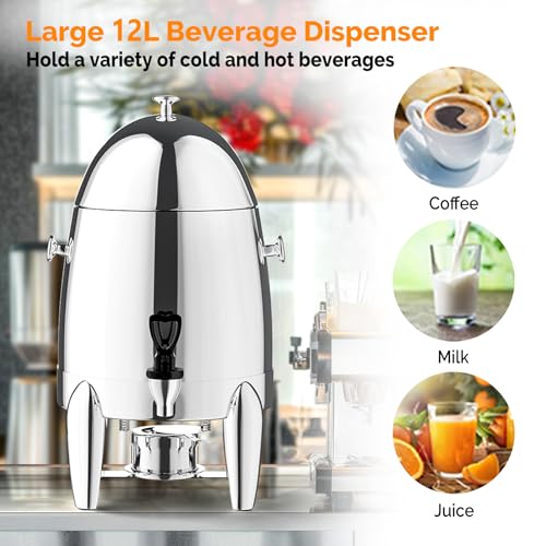 ROVSUN 3 Gallon/12L Beverage Dispenser, Stainless Steel Coffee Chafer Urn with Fuel Holder, Drink Dispenser with Stand Ice Container Spigot, Hot & Cold Drinks for Party Catering Buffet Banquet, Silver - color: Silver