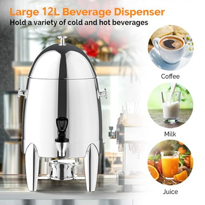 ROVSUN 3 Gallon/12L Beverage Dispenser, Stainless Steel Coffee Chafer Urn with Fuel Holder, Drink Dispenser with Stand Ice Container Spigot, Hot & Cold Drinks for Party Catering Buffet Banquet, Silver - color: Silver
