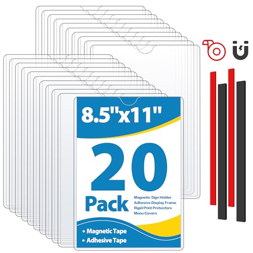 20 Pack Wall Sign Holder 8.5x11 Magnetic Plastic Sign Holder with Magnetic and Adhesive Tapes, Adhesive Clear Display Sign Frame for Fridge, Metal, Wall, Door, Document Protectors Holders - size: 8.5"x11"-20Pack