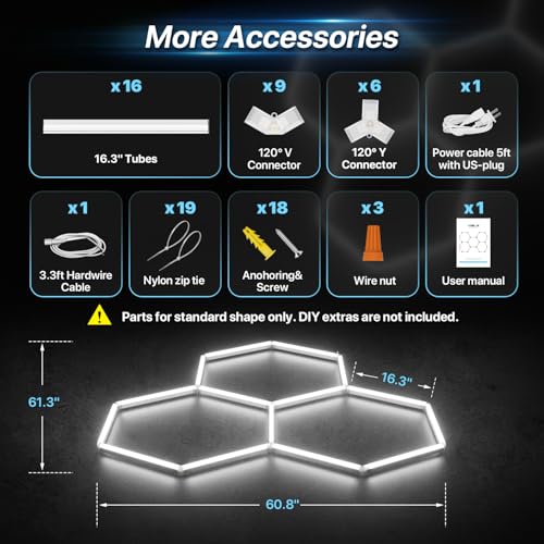HYPERLITE Gen II Hexagon LED Lights: 105W 10500LM 3 Grids DIY Hexagon Led Lights, 6500K Ultra Bright, Easy Install, Durable Design for Garage, Car Detailing, Workshops, Basement, Gym - size: 3 HEX