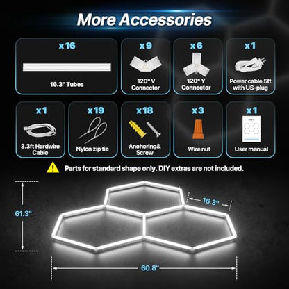 HYPERLITE Gen II Hexagon LED Lights: 105W 10500LM 3 Grids DIY Hexagon Led Lights, 6500K Ultra Bright, Easy Install, Durable Design for Garage, Car Detailing, Workshops, Basement, Gym - size: 3 HEX
