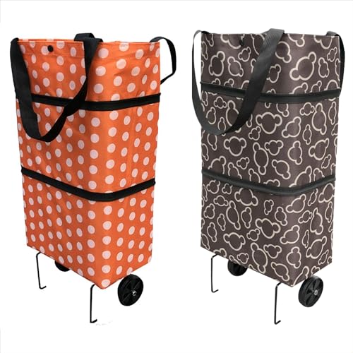Reusable Grocery Bags with Waterproof Coating and Folding Wheels - 2 Pack Foldable Tote Bags for Shopping, Multi-Purpose Storage for Groceries(Black+Orange) - color: Black+orange