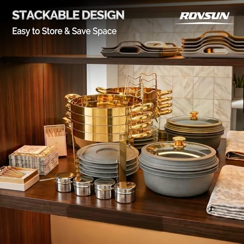 ROVSUN 6QT Chafing Dishes for Buffet 4 Pack, [Game Changer Maifanite-Coated] Chafing Dish Buffet Set, [Unique Gray & Gold Color] Chafers and Buffet Warmers Sets with Lid Holder for Party Wedding - color: Gray-gold