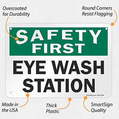 SmartSign - S-1443-PL-10 "Safety First - Eye Wash Station" Sign | 7" x 10" Plastic Black/Green on White - color: Black/Green on White