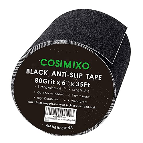 COSIMIXO 6" x 35Ft Heavy Duty Anti Slip Tape,Best 80grit Friction,Grip,Abrasive for Stairs Outdoor/Indoor,Skateboard Grip Tape Safety Non Skid Tread Staircases Anti-Slip Traction Tape Black - size: 6" x 35Ft