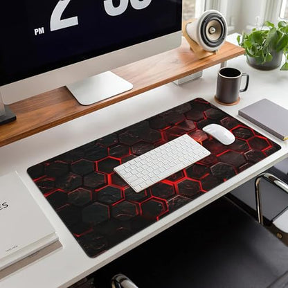Large Gaming Mouse Pad for Desk,Red Honeycomb Science Technology Desk Mat,Honeycomb Hexagon Desk Pad,Extended Big Computer Keyboard Mouse Pad with Non-Slip Base Stitched Edges 35.4"x15.7" - color: Red Honeycomb Science Technology, size: 15.7" x 35.4"