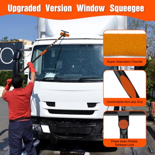 30FT Reach Window Squeegee Kit with Extension Pole, 2-in-1 Professional Washer for High Windows, 5-24FT Adjustable Reach, Rotatable Head for Indoor & Outdoor Use, Streak-Free Cleaning Tool for Home - color: Orange, size: 24FT