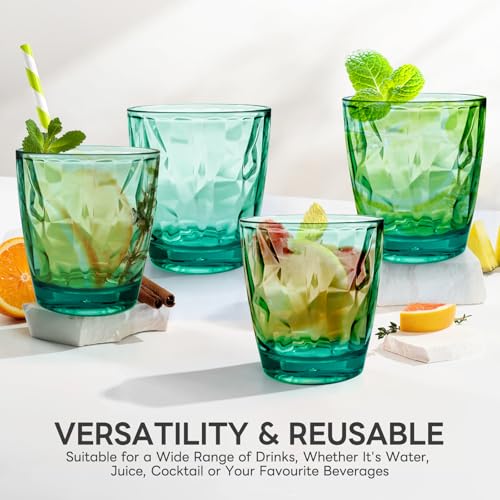 Topsky 10 oz Plastic Water Tumblers | Set of 4 Transparent Unbreakable Drinking Glasses Clear Acrylic Reusable Juice Wine Cups for Home Picnic Party, Dishwasher Safe, Stackable (Light Green) - color: Green 10oz