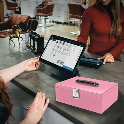 Flexzion Cash Box with Money Tray and Lock - Metal Money Box for Cash Storage with Secure Latch Lock & Key - Pink Petty Cash Box with 7 Compartment Money Tray for Small Businesses, 11x7.7x3.5 Inches - color: Pink