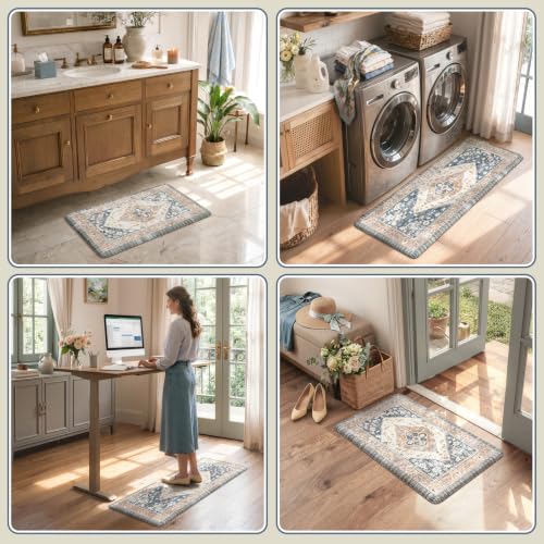 KIMODE Kitchen Rugs and Mats 2PCS Cushioned Anti Fatigue Kitchen Mats Blue - color: Gold Blue, size: 17.3" x 47 "+ 17.3" x 29 "--0.47 inches