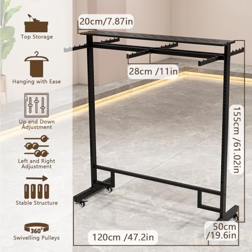 VITNSVILEBlack Clothing Racks with Removable 6/8 Arms Floor Standing Metal Garment Rack with Wheels Heavy Retail Display Racks Shirt Clothes Display Stand for Boutiques (47.2 * 19.6 * 61.02in) - size: 47.2*19.6*61.02in