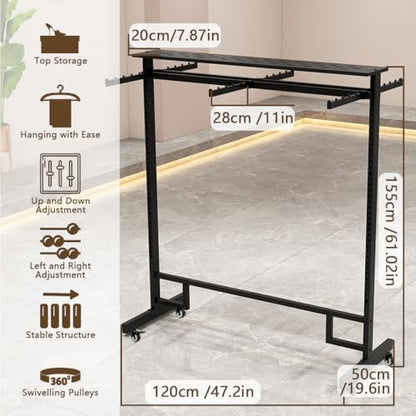 VITNSVILEBlack Clothing Racks with Removable 6/8 Arms Floor Standing Metal Garment Rack with Wheels Heavy Retail Display Racks Shirt Clothes Display Stand for Boutiques (47.2 * 19.6 * 61.02in) - size: 47.2*19.6*61.02in