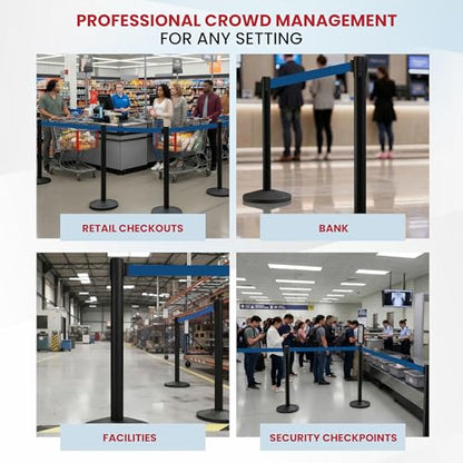 Crowd Control Warehouse 2-Pack Retractable Belt Stanchions, 11 Ft Dark Blue - color: Dark Blue Belt with Black Post