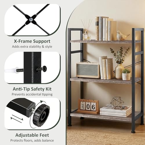 3 Tier Bookshelf, Free Standing Bookcase with Open Storage Shelves - color: Grey Wood, size: 3 Tier