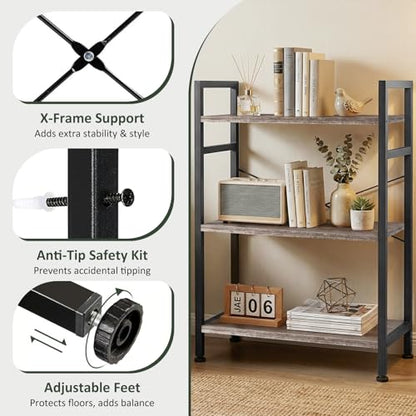 3 Tier Bookshelf, Free Standing Bookcase with Open Storage Shelves - color: Grey Wood, size: 3 Tier