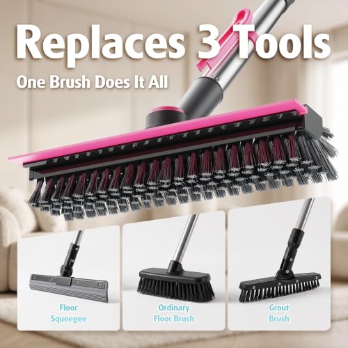 AIR U+ Floor Scrub Brush with Long Handle, 4 in 1 Floor Scrubber & Squeegee - color: Gray and Pink