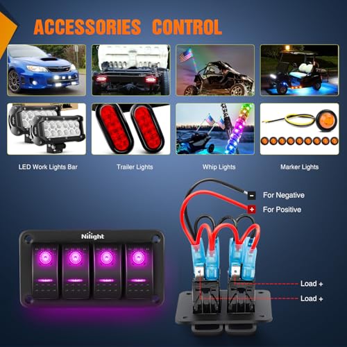 Nilight 4 Gang Rocker Switch Panel w/Purple LED Light 5Pin On Off Pre-Wired - color: Purple, size: 4 Gang