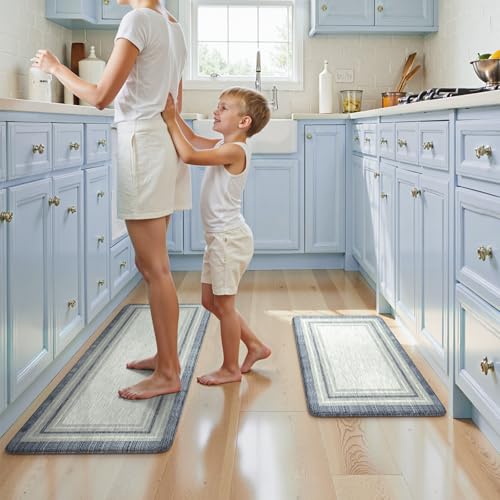 KIMODE Anti Fatigue Kitchen Mat 2 PCS Farmhouse Kitchen Rugs Sets of 2 - color: Blue, size: 17.3" x 47 "+ 17.3" x 29 "--0.47 inches