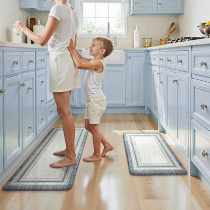 KIMODE Anti Fatigue Kitchen Mat 2 PCS Farmhouse Kitchen Rugs Sets of 2 - color: Blue, size: 17.3" x 47 "+ 17.3" x 29 "--0.47 inches