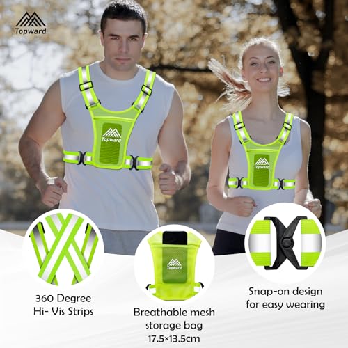 Topward Running Vest Chest Phone Holder for Women Men, Reflective Vest Safety Gear for Dog Walking Cycling - Adjustable Waist/Shoulder - color: Green