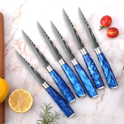 SENKEN Professional 6-Piece Steak Knife Set with Engraved Damascus Pattern, Razor Sharp Blade, High Carbon Steel with Gift Box (Blue) - color: Cerulean Blue