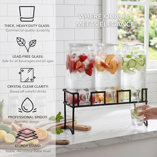 Circleware Triple XL Tall Yorkshire Beverage Drink Dispensers with Black Lids and Black Metal Stand, 2.3 L, Clear