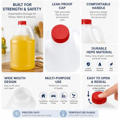 ASEVAT 1 gallon Plastic Jugs with Handle & Red Caps, Multipurpose Large Storage Containers for Oil, Water and Household Liquids, 2‑Pack for Household Kitchen Use - size: 1.1 gallon