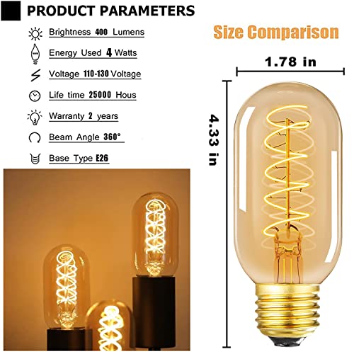 Vintage LED Spiral Filament Bulb T14, E26 Base, 4W Equivalent, 40W Warm White, 2200K, Dimmable, AC120V, 400LM, Amber Glass, Pack of 4 - style: 4.33in(110mm)