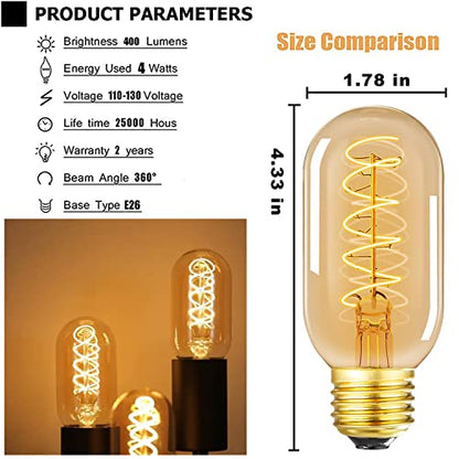 Vintage LED Spiral Filament Bulb T14, E26 Base, 4W Equivalent, 40W Warm White, 2200K, Dimmable, AC120V, 400LM, Amber Glass, Pack of 4 - style: 4.33in(110mm)