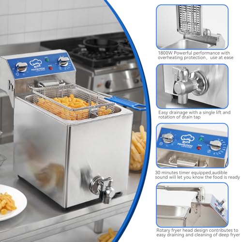 TOPKITCH 8.5Qt Electric Fryer with Oil Drain,30 Minutes Timer,Stretch forming oil tank,Lid and Solid Wire Mesh Basket,Medium Duty Commercial Electric Countertop Deep Fryers-120V,1800W - size: 8.5QT