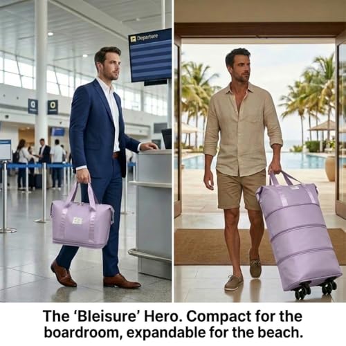 4-in-1 Expandable Rolling Duffel Bag with Detachable Wheels, 28L-80L Collapsible Luggage with Bonus Spare Wheel, Foldable Travel Trolley for Carry-On, Weekend, Shopping & Moving (Light Purple) - color: Light Purple