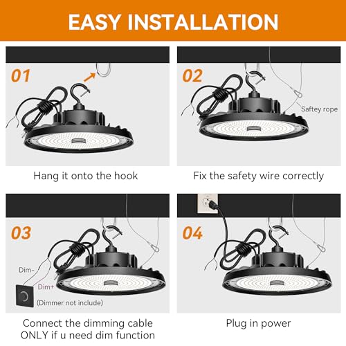 UFO LED High Bay Light 240W 36,000lm 5000K Daylight, High Bay LED Shop Light 0-10V Dimmable with US Plug 5’ Cable, Commercial LED Warehouse Lights, Factory Area Lighting Fixture, 2PCS