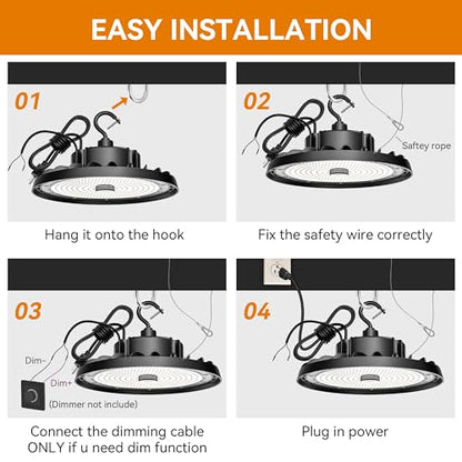 UFO LED High Bay Light 240W 36,000lm 5000K Daylight, High Bay LED Shop Light 0-10V Dimmable with US Plug 5’ Cable, Commercial LED Warehouse Lights, Factory Area Lighting Fixture, 2PCS