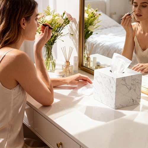 Natural Marble Tissue Box Holder Cover, Square Cube Tissue Box Holder with Open Bottom for Bathroom Vanity Tops, Bedroom Dressers, Kitchen Countertop, White Tissue Box(NS021) - color: White
