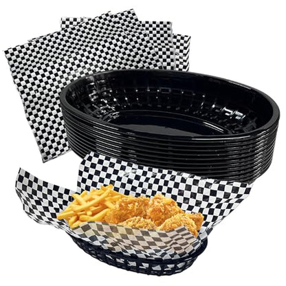 Rainmae Retro Style Plastic Food Baskets with Wax Paper Liners, 20 Fast Food Baskets with 200 Deli Paper Sheets, Bread, Chicken, Burgers, Sandwiches, Fries - color: Black(20 Pcs+200 Deli Paper）