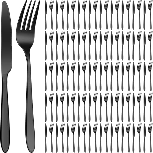 Nuenen 100 Pieces Stainless Steel forks and knives Dinner Flatware Set Tableware Cutlery for Butter Kitchen Restaurant, Dishwasher Safe(Black,8.4 Inches, 7.1 Inches) - color: Black, size: 8.4 Inches, 7.1 Inches